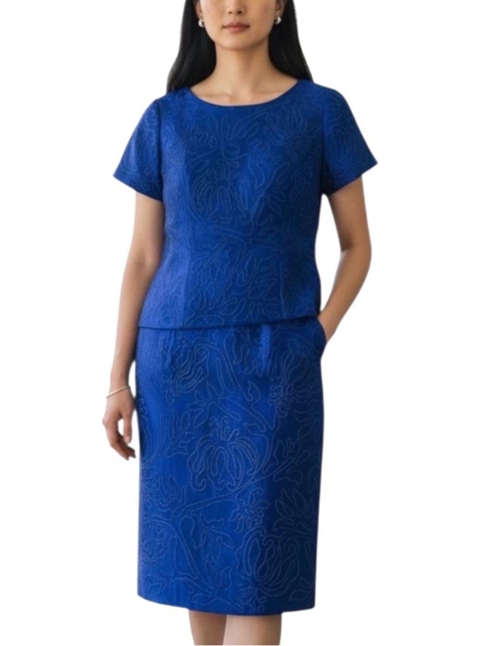 Blue Silk Blend Embroidered Short Sleeve Top & Skirt Set - Size 4